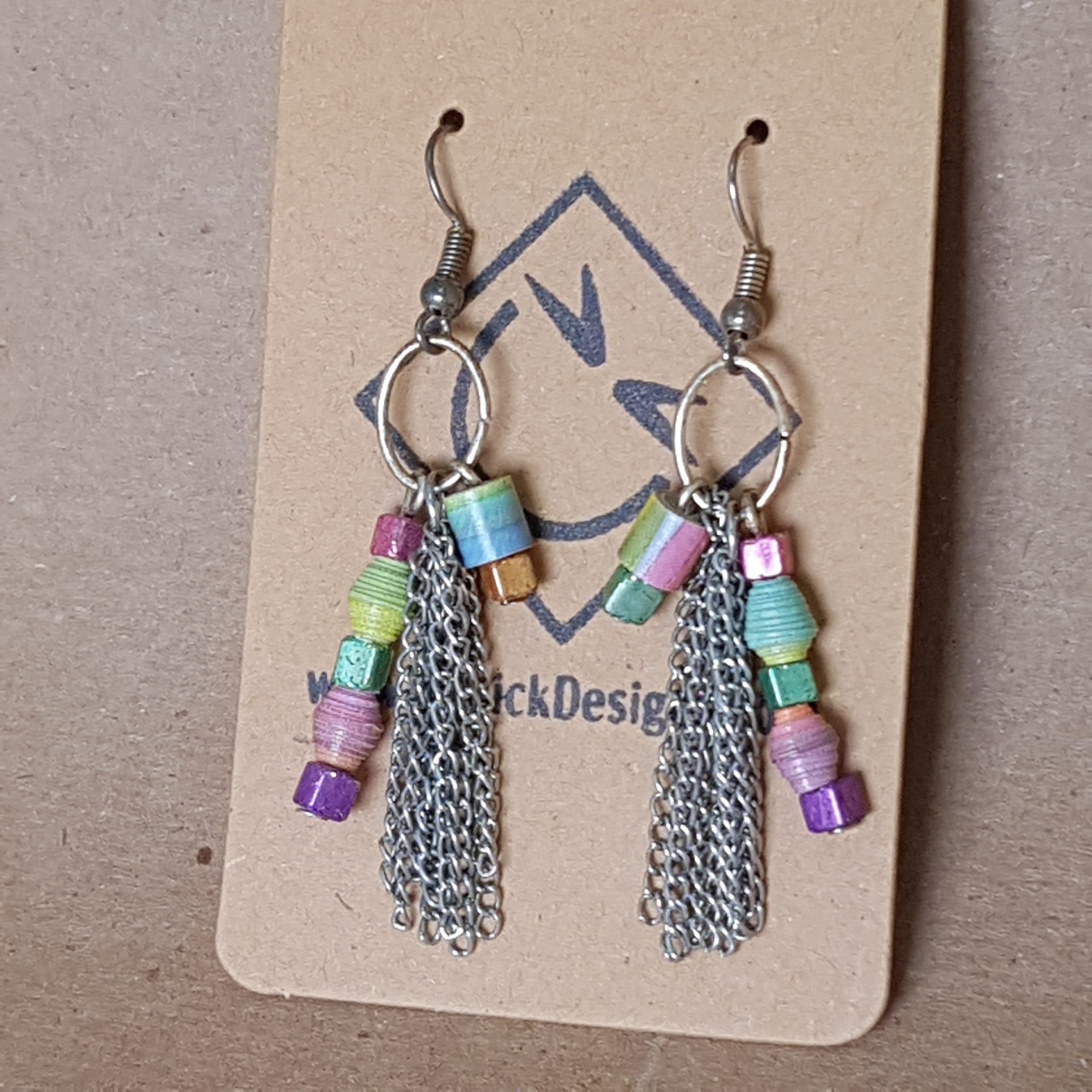 Unicorn themed tiny Paper Bead and cube glass bead Earrings